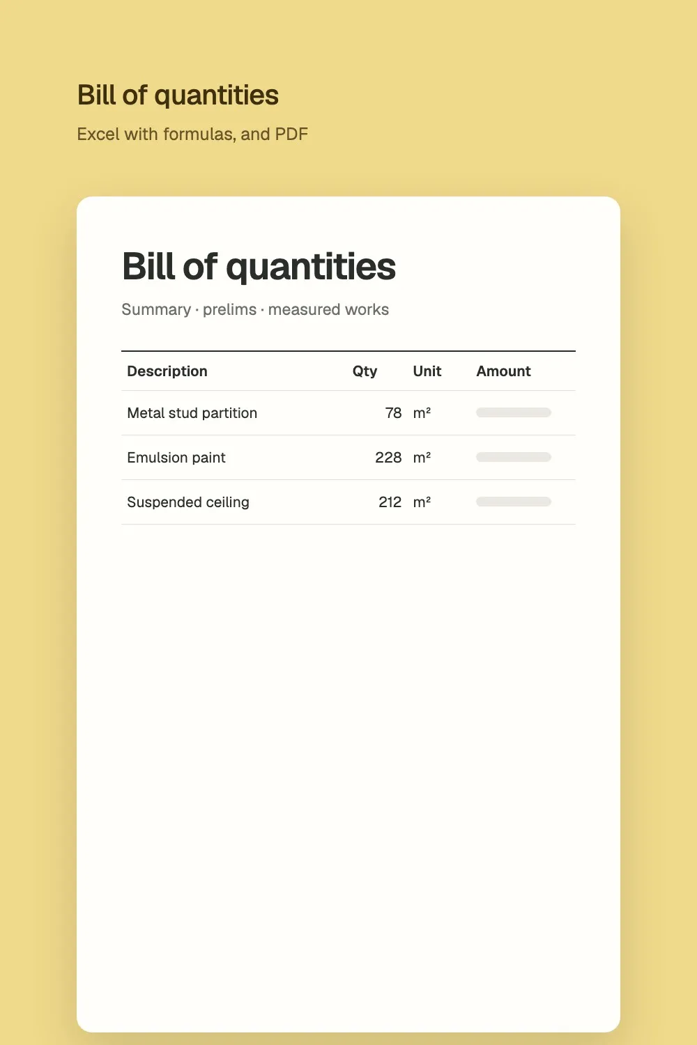 A bill of quantities template with items, quantities, units and an amount column