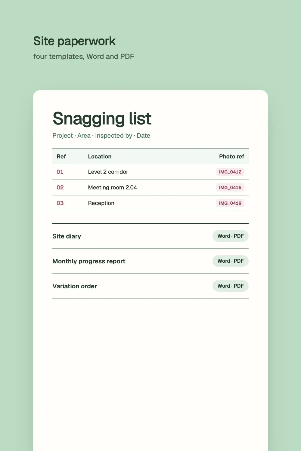 A snagging list template with locations and photo references, above the site diary, monthly progress report and variation order
