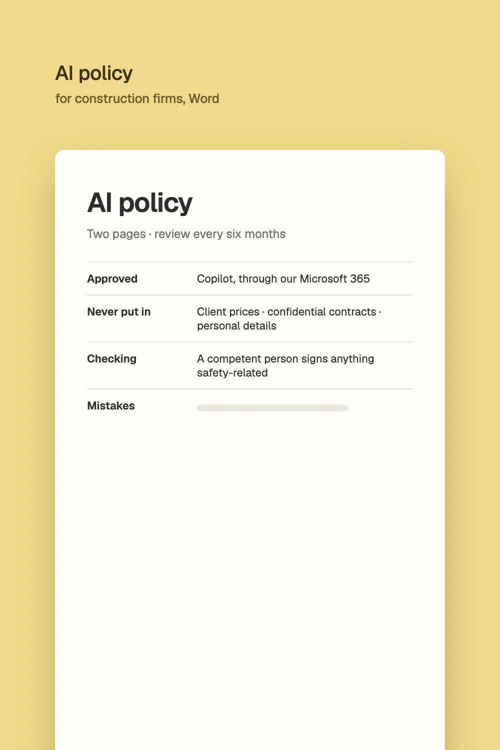 A two-page AI policy template listing approved tools and what never goes into AI